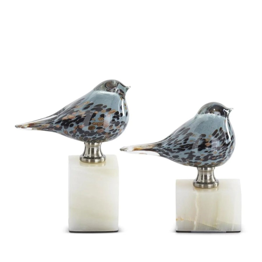 K&K Interiors K&K Set Of 2 Blue Glass Birds On White Marble Square Bases Wholesale