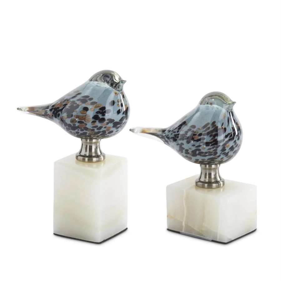 K&K Interiors K&K Set Of 2 Blue Glass Birds On White Marble Square Bases Wholesale