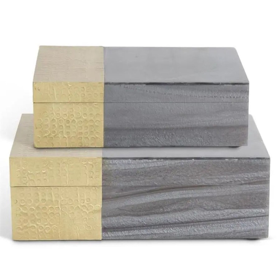 Gracious Home K&K Interiors Grey Marbled Resin & Textured Brass Nesting Boxes Hot