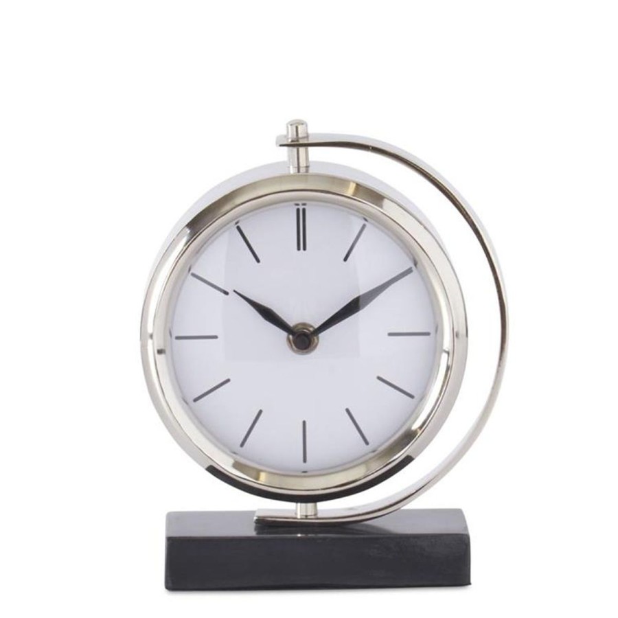 K&K Interiors K&K 8" No Number Clock-Round Silver Desk Clock On Rect. Blk Base Wholesale