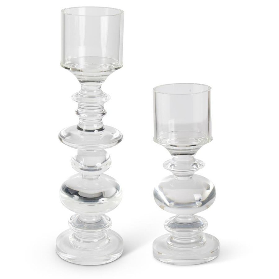 K&K Interiors K&K Set Of 2 Glass Spindle Candleholders New