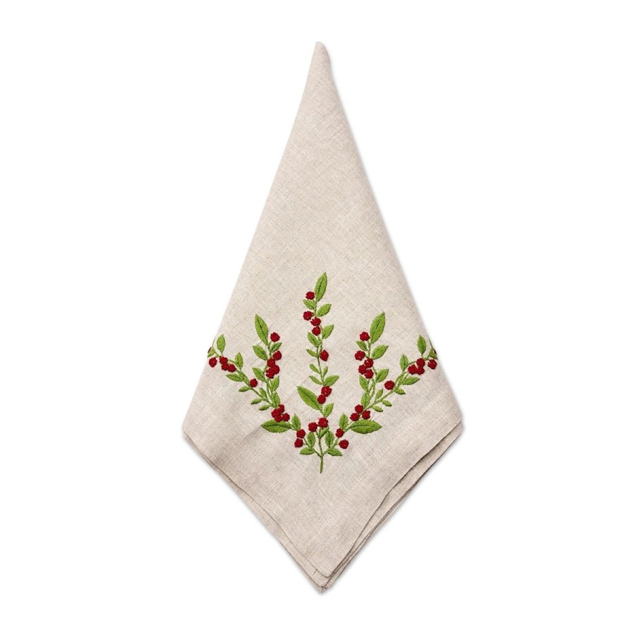 Deborah Rhodes Deborah Rhodes Flax Hanging Flowers Embroidered Napkin-Red Hot