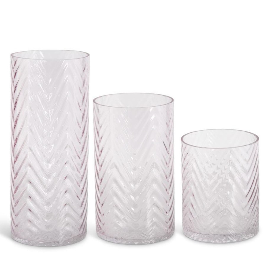 K&K Interiors K&K Set Of 3 Transparent Pink Chevron Embossed Glass Vases Wholesale