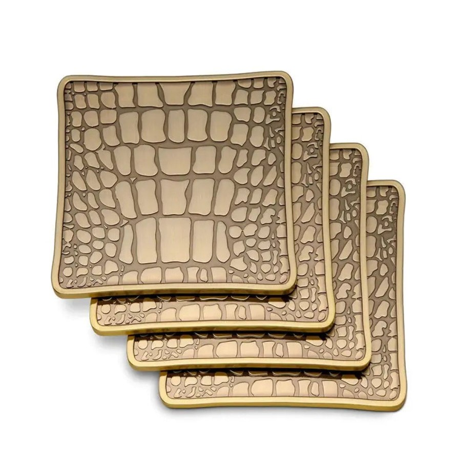 L'Objet D'Art L'Objet Crocodile Gold Coasters (Set Of 4) New