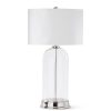 K&K Interiors K & K Interiors 29.5" Clear Glass Lamp With Silver Metal Spine & White Shade New