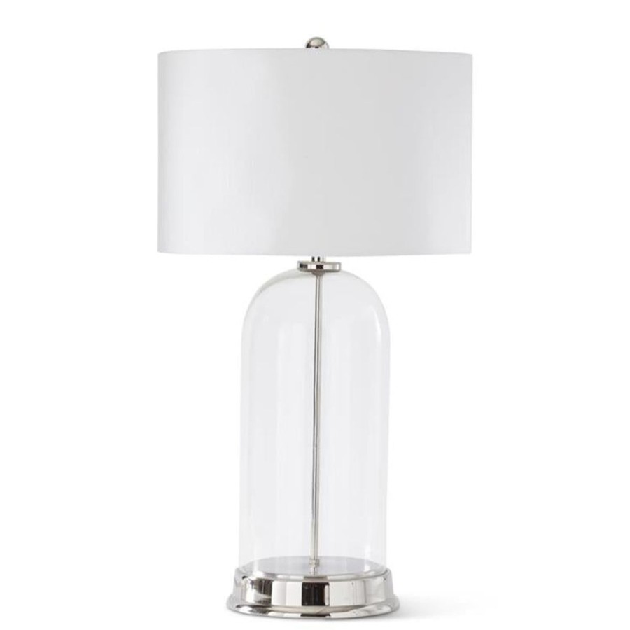 K&K Interiors K & K Interiors 29.5" Clear Glass Lamp With Silver Metal Spine & White Shade New