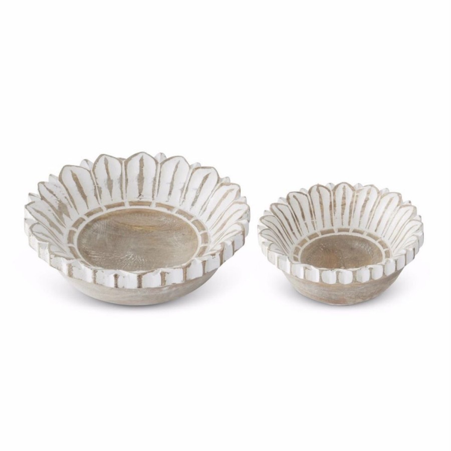 K&K Interiors K&K Set Of 2 Nesting Whitewashed Carved Wood Flower Bowls Best