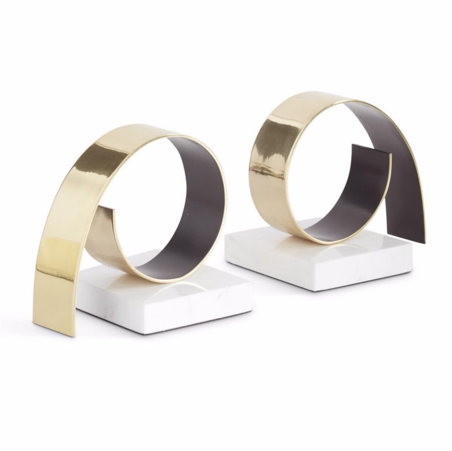 K&K Interiors K&K 8" Gold Metal Coil & White Marble Bookends Hot