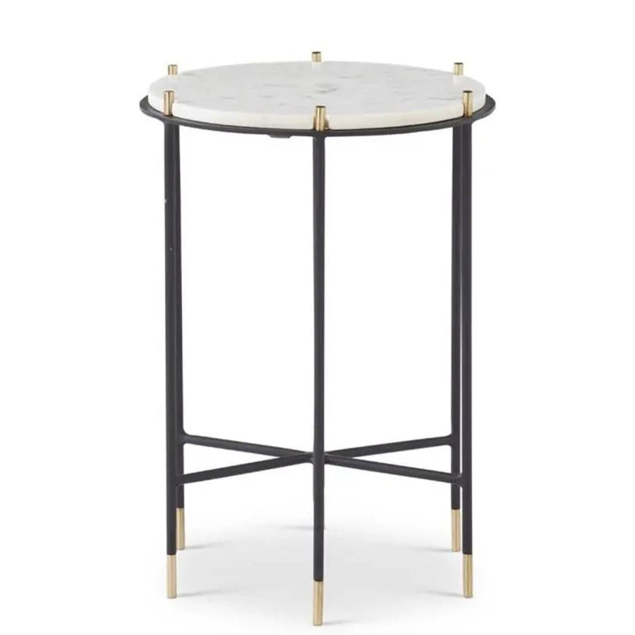 K&K Interiors K&K 22" White Marble Top Side Table W Black & Gold Metal Frame Hot