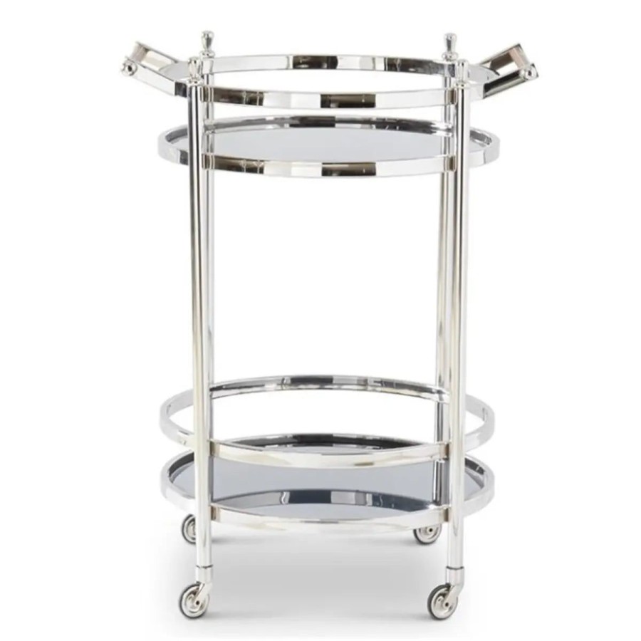 K&K Interiors K & K Interiors 37" Silver Metal Round Bar Cart With 2 Smoked Glass Shelves Best