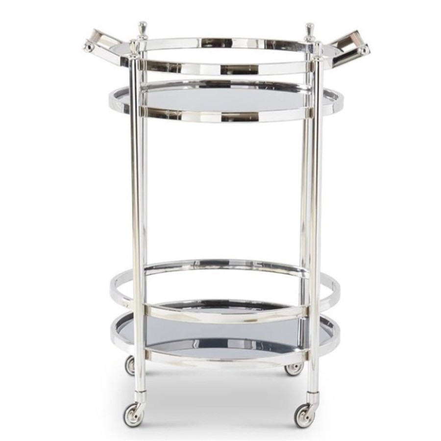 K&K Interiors K & K Interiors 37" Silver Metal Round Bar Cart With 2 Smoked Glass Shelves Best