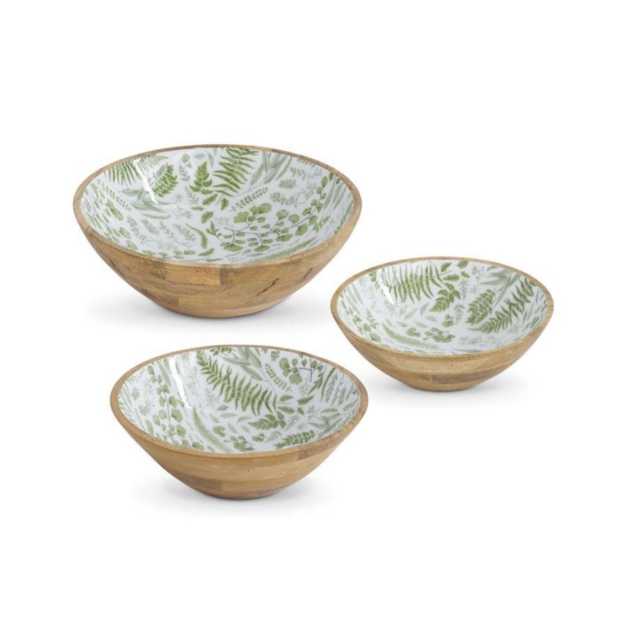 K&K Interiors K & K Interiors Set Of 3 Wooden Bowls W/Fern Enamel Inside Best