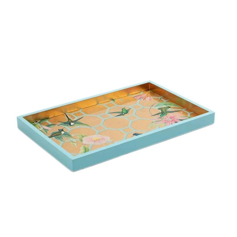 Caspari Caspari Hummingbird Trellis Gold Small Rectangular Tray Wholesale