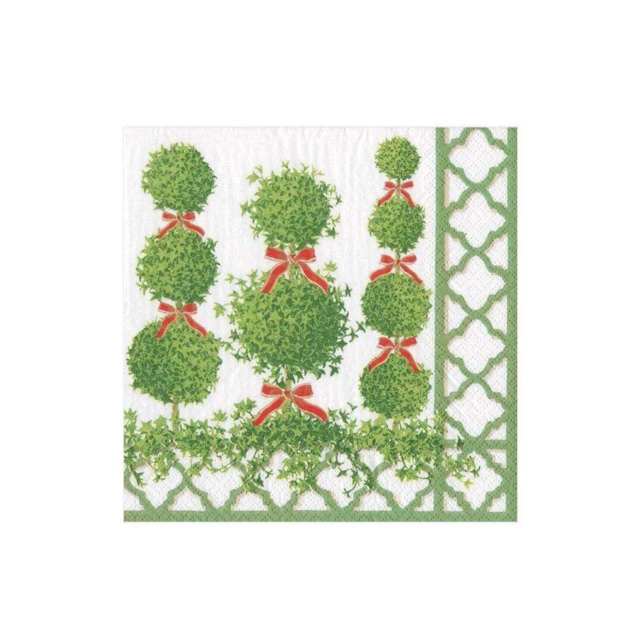 Caspari Caspari Topiaries Green Border Cocktail Napkin New