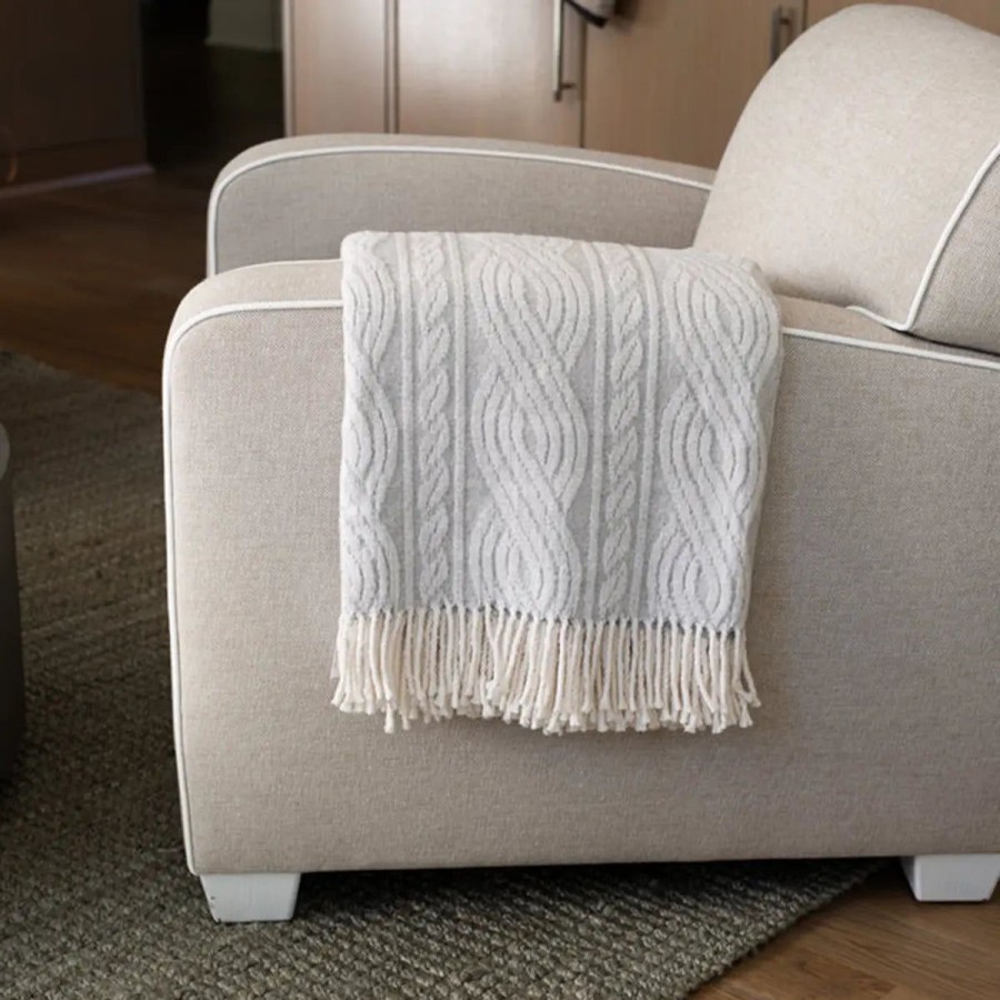 A Soft Idea A Soft Idea Large Cable Print Throw With Fringes Light Grey Hot