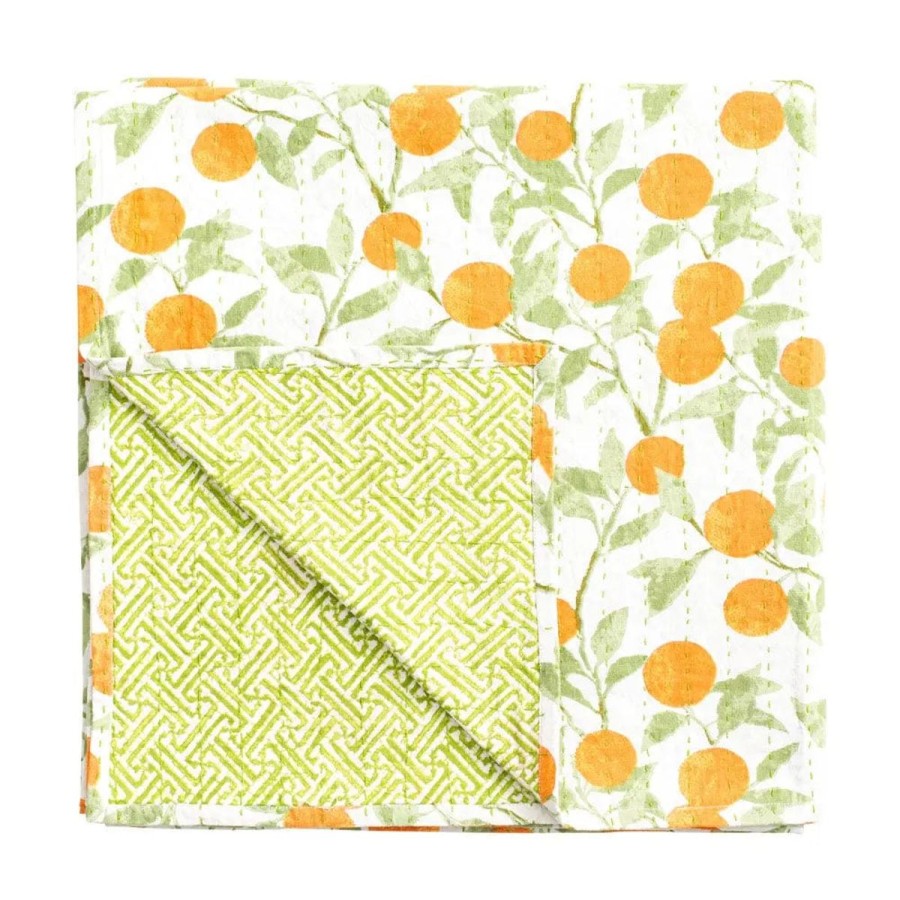 Caspari Caspari Reversible Orange Grove Kantha Table Cover New